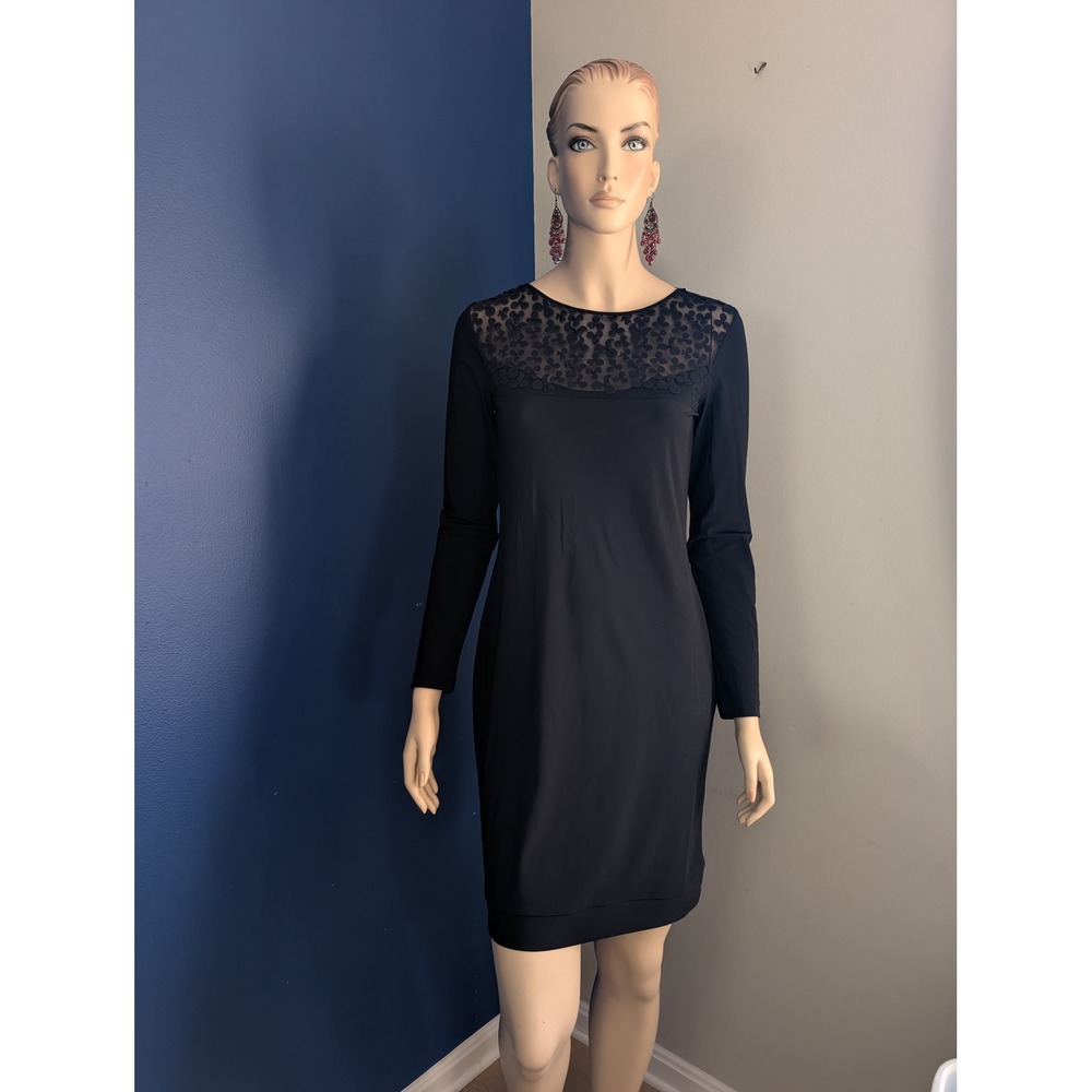 Indies Black Sheath Dress Floral‎ Lace Neckline Long Sleeve Elegant T2 (us 8/10)